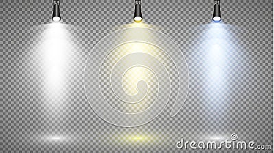 Set of colored searchlights on a transparent background. Bright lighting with spotlights. The searchlight is white, blue Vector Illustration