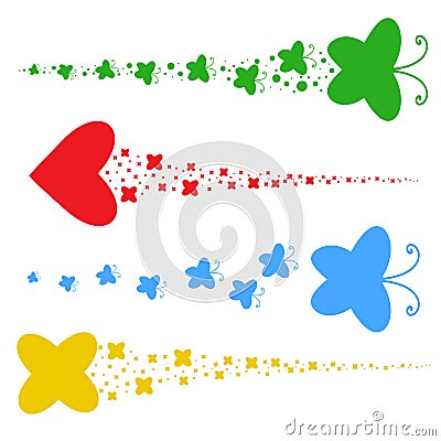Set of colored silhouettes. A flock of abstract flat butterflies, hearts, stars flying one after another Vector Illustration