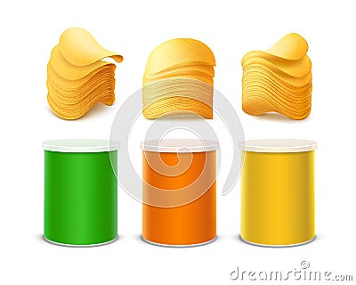 Set Colored Small Box with Stack of Potato Chips Vector Illustration