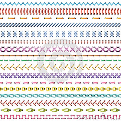 Set of colored stiches . Vector seamless colored rows Vector Illustration