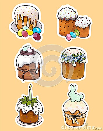 Set of colored stickers Easter cakes on an orange background Vector Illustration