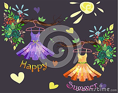 Set of colored summer dresses with floral pattern Vector Illustration