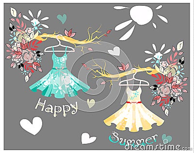 Set of colored summer dresses with floral pattern Vector Illustration