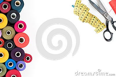 Colored thread coils isolated on white background, sewing supplies, text ready, banner, book or magazine cover Stock Photo