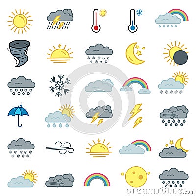 Set of 30 Colored Weather Icons Cartoon Illustration