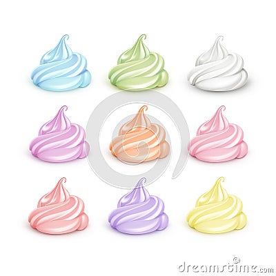 Set of Colored White Light Blue Pink Yellow Orange Brown Green Lilac Whipped Cream for Dessert Cupcakes Soft Served Ice Vector Illustration