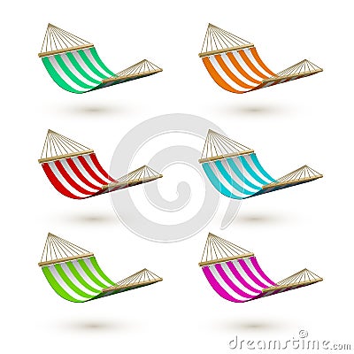 Set of colorfuk hammock template. Striped hammocks. Camping or picnic relaxation. Tourism or vacation concept. Vector illustration Vector Illustration