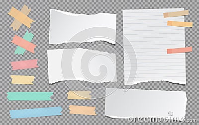 Set of colorful adhesive tape stripes, with torn notebook sheets stuck on grey background. Vector illustration Vector Illustration