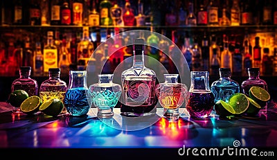 set of colorful alcohol drinks in glasses at bar counter in night club Stock Photo