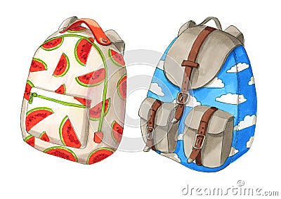 Set of colorful backpacks with red melon ans clouds Stock Photo