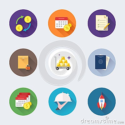 A set of colorful banking icons, currency exchange, investment, document management Vector Illustration