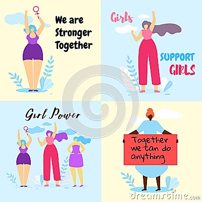 Set of Colorful Banner with Brave Feminist Girls Vector Illustration