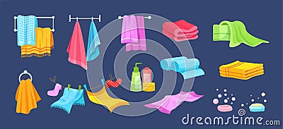 Set of colorful bath, kitchen towels and soap Vector Illustration