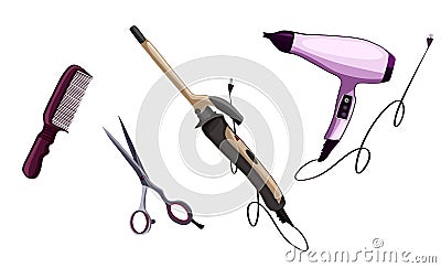 Set of colorful beautiful icons for cosmetics, spa, beauty. Comb. Hair dryer. Scissors Stock Photo