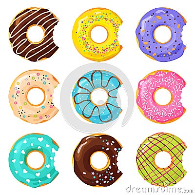 Set of colorful bitten donut on white background Vector Illustration