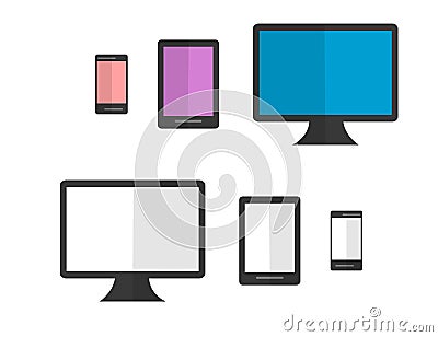 Set of colorful, black and white Isoleted Devices. Flat Design Vector Illustration