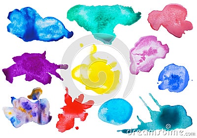 Set with colorful blots of ink on white background, top view Stock Photo