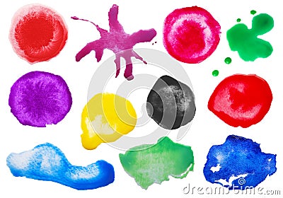 Set with colorful blots of ink on white background, top view Stock Photo