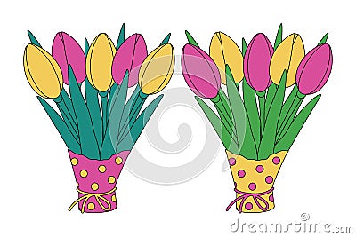 Set of 2 colorful bouquet of tulips in wrapping paper in trendy spring shades bright pink and yellow Vector Illustration