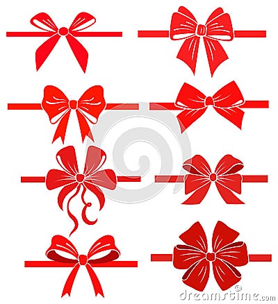 Set of colorful bows. Collection of elegant silk red ribbons with bow for design. Colored vector illustration for Vector Illustration