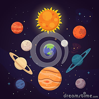 Set of colorful bright planets. Solar system, space with stars. Cute cartoon vector illustration. Vector Illustration