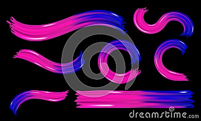Set of colorful brush strokes on black background. Modern flow, wave Liquid shape pink and dark blue color. Dynamic elements Vector Illustration