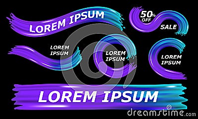 Set of colorful brush strokes on black background. Modern flow, wave Liquid shape turquoise and purple color. Dynamic elements Vector Illustration