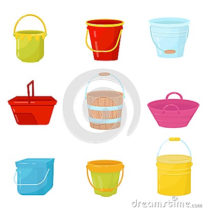 Flat vector set of colorful buckets. Plastic, wooden and metal water pails. Containers for carry liquids or other Vector Illustration