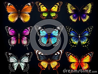 Set of colorful butterflies on black background. Generative AI Stock Photo