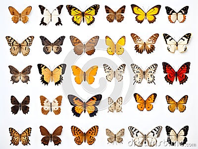 Set of colorful butterflies on white background. Generative AI Stock Photo