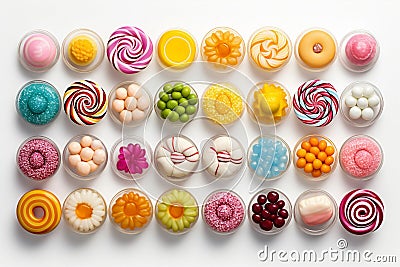 Set of colorful candies in round glass bowls on white background Stock Photo