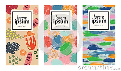 Set of colorful cards with abstract hand drawn textures. Vector Illustration