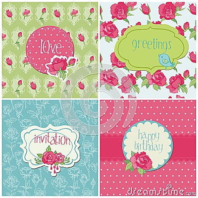 Set of Colorful Cards with Rose Elements Vector Illustration