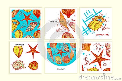 Set of colorful cards with seashells Vector Illustration