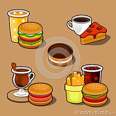 Set of colorful cartoon fast food and cake. Vector Illustration