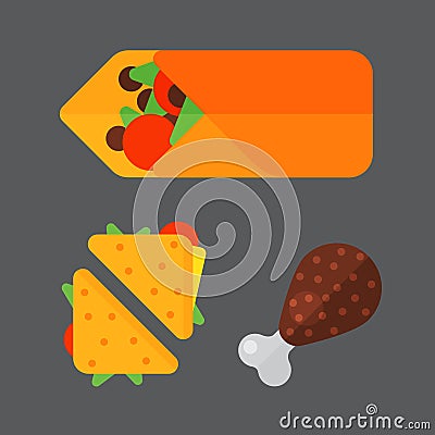 Set of colorful cartoon fast food icons restaurant tasty american sandwich meat and unhealthy burger meal Vector Illustration