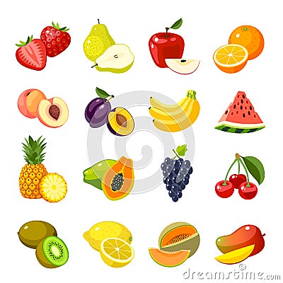 Set of colorful cartoon fruit icons Vector Illustration