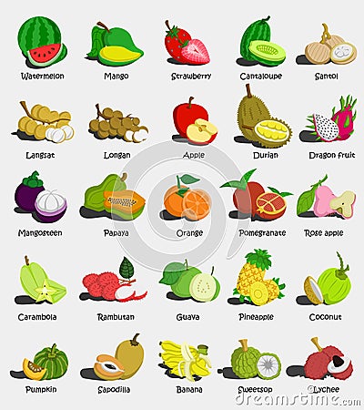 Set of colorful cartoon fruit icons Watermelon,Mango,Strawberry,Cantaloupe,,Apple, Papaya,Orange,Pomegranate,Rose apple,Guava,Pin Vector Illustration