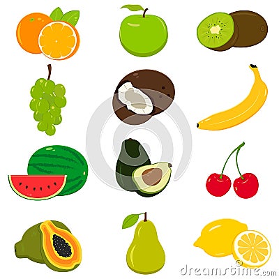 Set of colorful cartoon fruit icons on white. Vector Vector Illustration