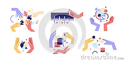 Set of colorful cartoon human hands use different abstract things vector flat illustration. Arms holding figure during Vector Illustration