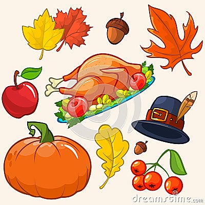 Set of colorful cartoon icons for thanksgiving day Vector Illustration