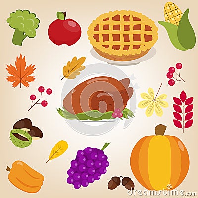 Set of colorful cartoon icons for Thanksgiving day Stock Photo