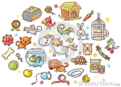 Set of colorful cartoon pet animals with accessories, toys and food Vector Illustration