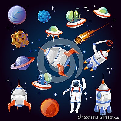 Set of colorful cartoon space elements. Aliens, planets, asteroids, spaceships, stars and astronauts. Universe vector Vector Illustration