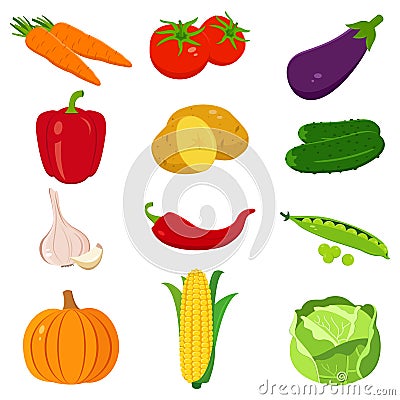 Set of colorful cartoon vegetables icons on white. Vector Vector Illustration