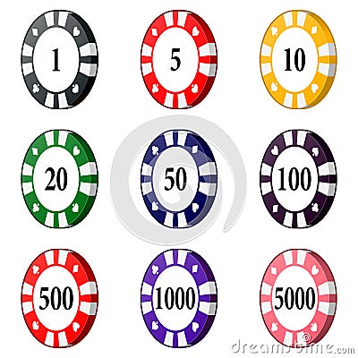 Set of colorful casino chips on a white background. Vector Illustration