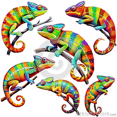 Set of colorful chameleons, Generative AI Stock Photo