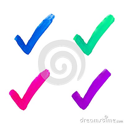 Set colorful check mark. Blue, green, pink, purple watercolor check mark on white background. Brush strokes hand drawn. Abstract Cartoon Illustration
