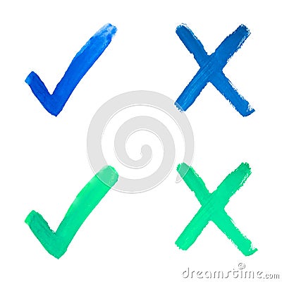 Set colorful check mark and cross sign. Blue, green watercolor check mark on white background. Brush strokes hand drawn. Abstract Cartoon Illustration