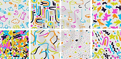 Set of colorful childish abstract hand drawn seamless pattern set. Contemporary minimal modern trendy freehand doodle Vector Illustration